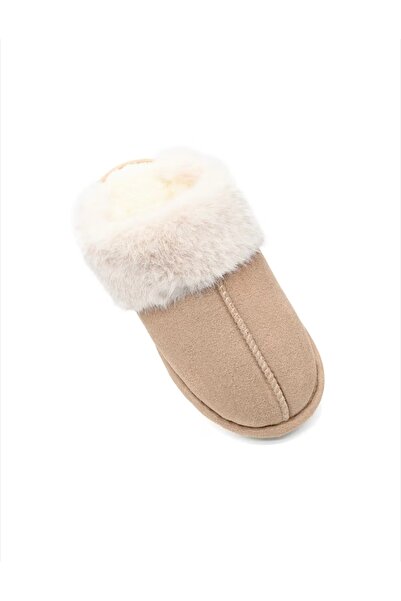 FASHION Women's black slippers with white fur - warm interior, soft non-slip ...