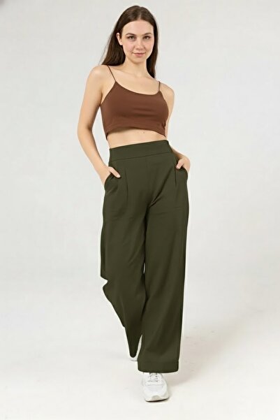 Atölye Güven Women's Khaki 100% Cotton High Waist Elastic Pleated Palazzo Pants