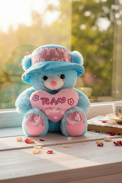 Generic Huggable Plush Blue Teddy Bear with Pink Heart & Cap - Soft Romantic Gift for Couples & Kids
