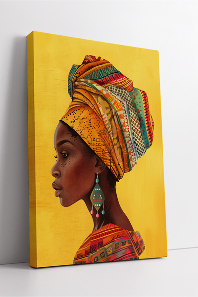 KOSS Dijital Portret de femeie africană cu model etnic pe fundal galben, pictură artistică modernă colorată pe pânză