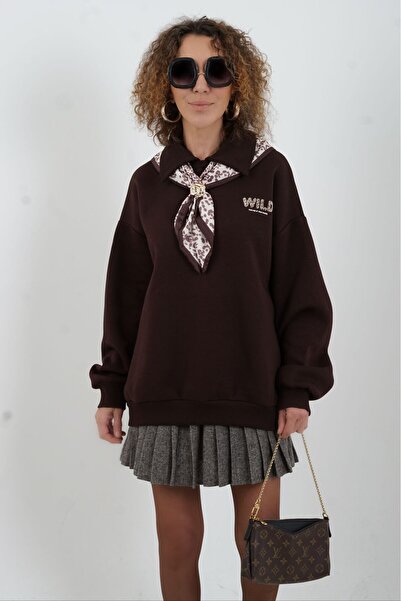 Zelish My Sister Swea cu imprimeu Polo Yaka cu eșarfă maro tricou