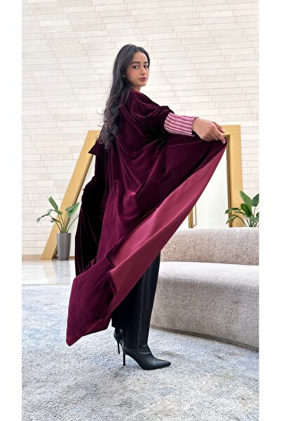AYA MWT525 - Burgundy velvet abaya with stretch sleeves