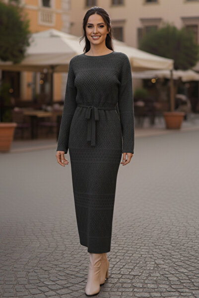 benguen Baklava Patterned Mesh Knitwear Dress R4454 Anthracite