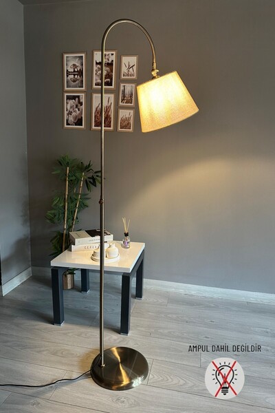 Bamyum Cotella Kumaş Dokulu Keten Bej Eskitme Gövde Lambader Modern Dekoratif Metal Zemin Lambası