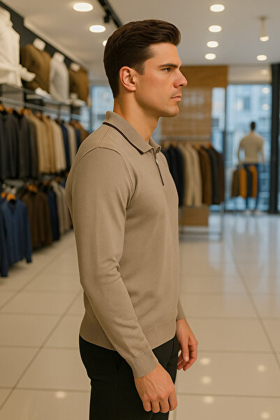 Maccali Ανδρικό πουλόβερ με μακρυμάνικο φερμουάρ σε μπεζ χρώμα με λαιμόκοψη πόλο