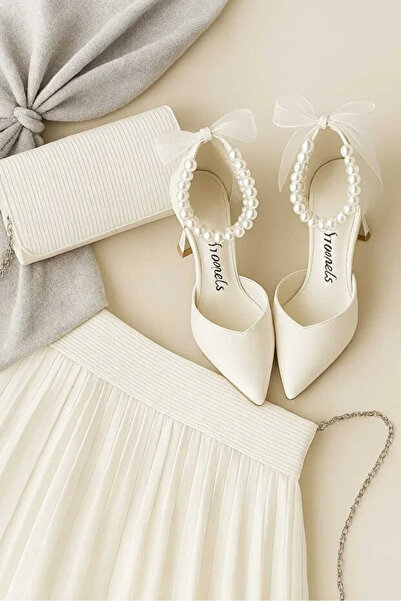 ZEYYMODA Double Pearl Heeled Shoes and Bridal Wedding Evening Dress Shoes with Headpiece Evening Party Shoes and Bag