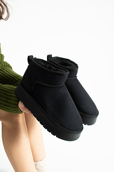 Pretty Girl Mini Siyah Süet Içi Kürklü Kalın Taban Kadın Bot (TABAN 3,5 CM)