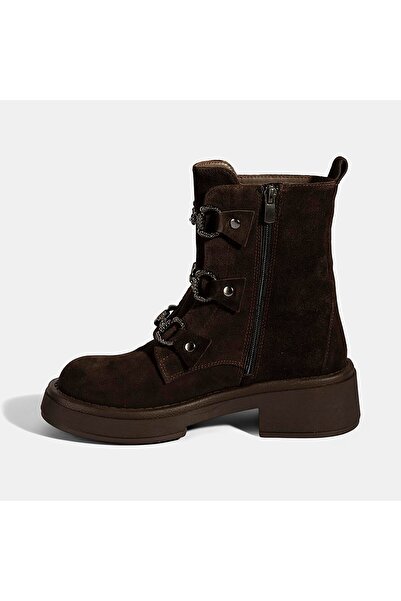 Desa Women's Brown Metal Buckle Detailed Suede Leather Boots