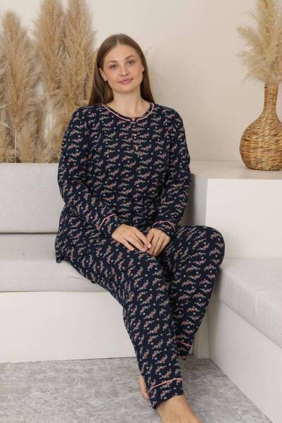 ALİMER Plus Size Pajama Set - Floral Pattern Long Sleeve Stretch Fabric Combed Cotton 2885Ukb