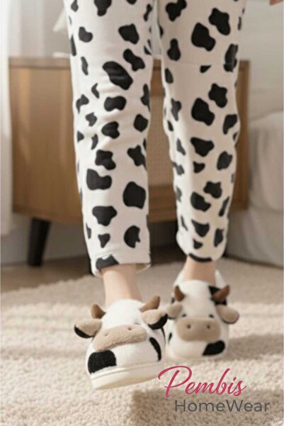 PEMBİŞ HOMEWEAR Sweet Cow Black Soft Furry Plush Slippers