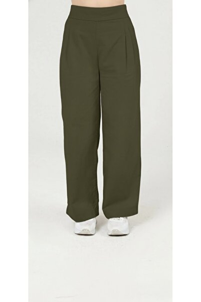 Atölye Güven Women's Khaki 100% Cotton High Waist Elastic Pleated Palazzo Pants