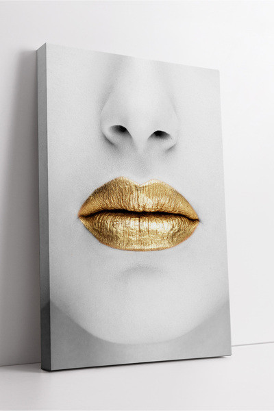 KOSS Dijital Pictură pe pânză cu detaliu de buze aurii, artă minimalistă de l...