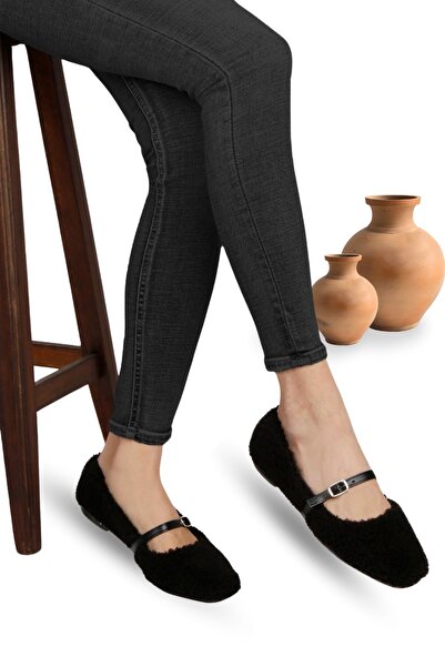 sermoda Women's furry flat shoes - lamb fur flat shoes for women with fur inside and outside black