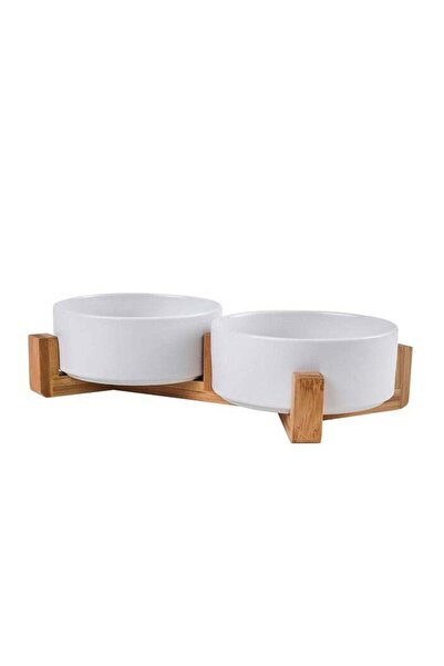 Arabest Pet Ceramic Double Bowl with Wooden Stand (White)