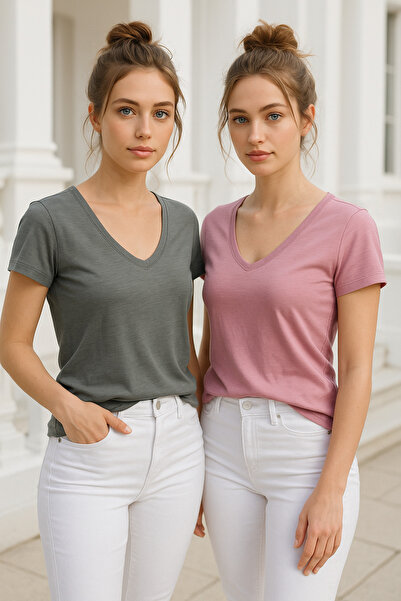 Rich Women's Dusty Rose-Dark Green 2-Pack Short Sleeve 100% Organic Cotton V-Neck T-Shirt