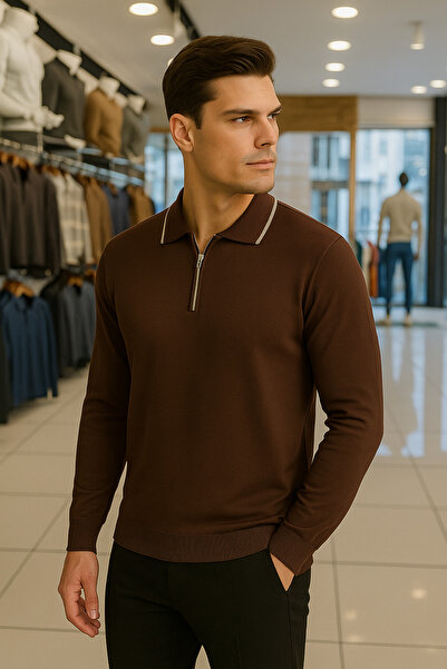 Maccali Ανδρικό πουλόβερ με μακρυμάνικο καφέ γιακά πόλο με φερμουάρ