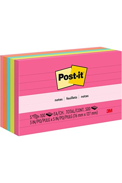Post-it ملاحظات لاصقة نيون باستيل، مقاس 3×5 بوصة (76×127 ملم)، مسطرة، 100 ورق...
