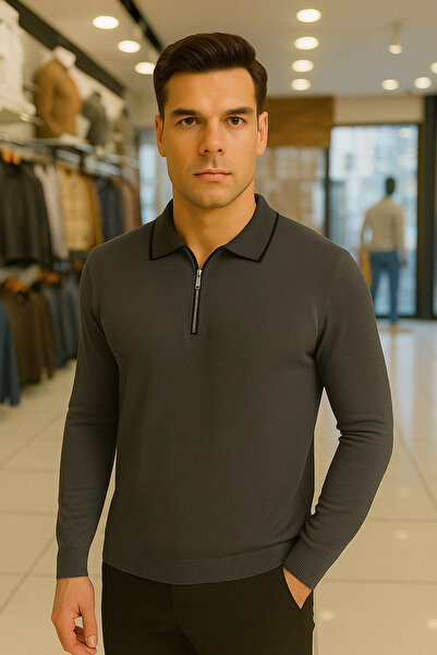 Maccali Men's Trend Zippered Long Sleeve Smoked Polo Neck Sweater