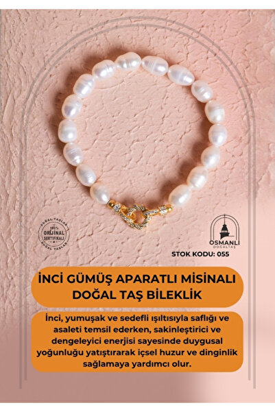 OSMANLI DOĞAL TAŞ Certified Pearl Misinal Silver Apparatus Natural Stone Bracelet (Sk:055)