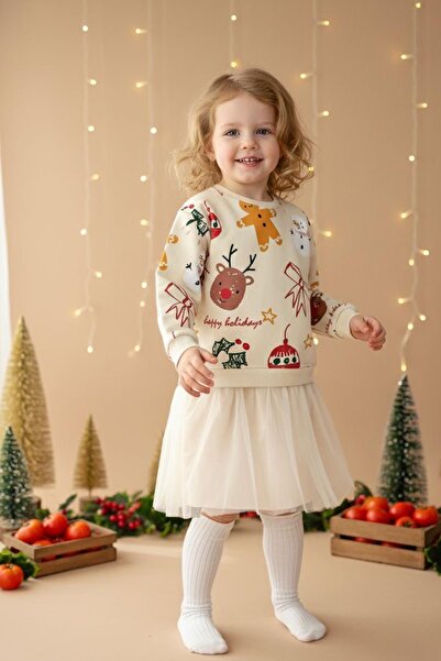 Monila Κοριτσίστικο Πρωτοχρονιάτικο Φόρεμα με τύπωμα με λεπτομέρειες από τούλι