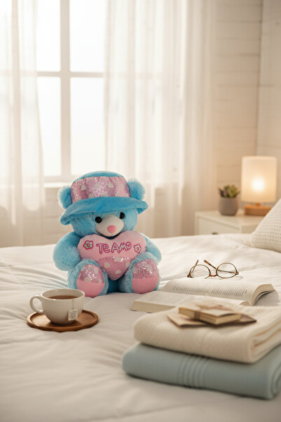 Generic Huggable Plush Blue Teddy Bear with Pink Heart & Cap - Soft Romantic Gift for Couples & Kids