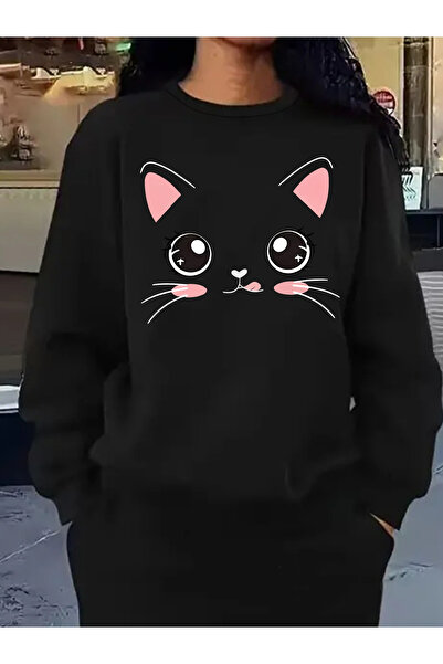 Lider Leather Hanorac unisex cu gât rotund, imprimat, supradimensionat, din ș...