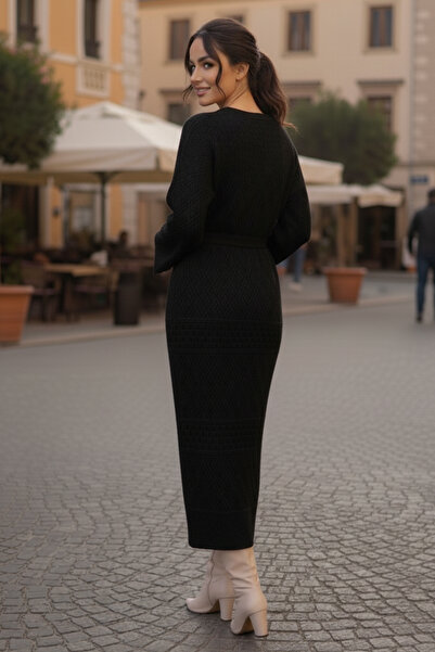 benguen Baklava Patterned Mesh Knitwear Dress R4454 Black