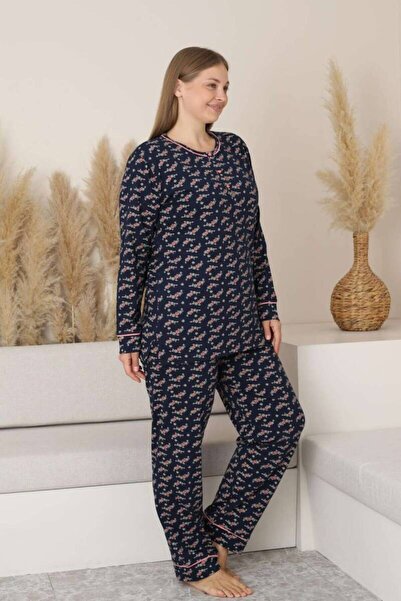 ALİMER Women's Pajama Set - Floral Pattern Long Sleeve Stretch Fabric Combed Cotton 2885Uk