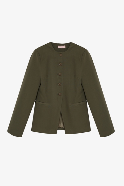 Quzu Round Neck Buttoned Blazer Jacket Khaki