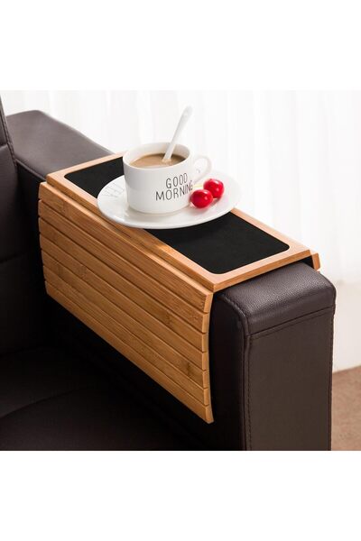 Generic GEHE Bamboo Sofa Arm Tray, Anti-Slip Armrest Protector with Cup Holder, Rectangular