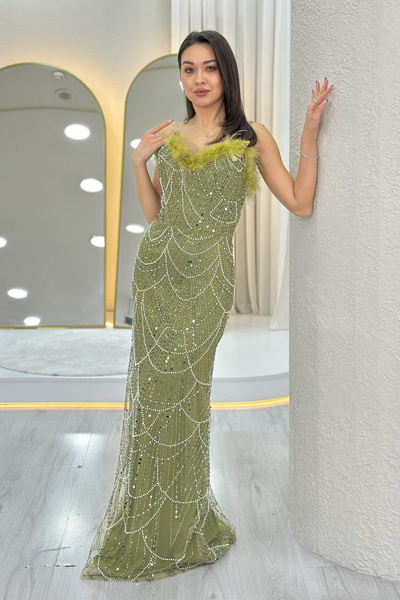 zks grup tekstil Women's Strapless Embroidered Otriş Detailed Evening Dress Khaki, Brown, Navy Blue