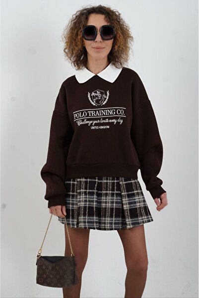 Zelish My Sister Swea cu guler polo brodat maro tricou