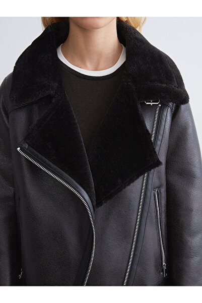 LC Waikiki Özmarka New Season Plush Biker Collar Women's Leather-Look Coat