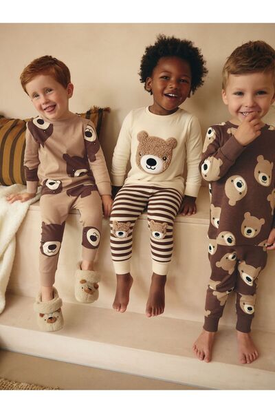 Next - Brown/Cream - 3 Pack Snuggle Pajamas (9 Months - 6 Years)