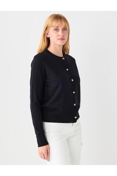 Jimmy Key Black Shiny Button Detailed Round Neck Knitwear Cardigan