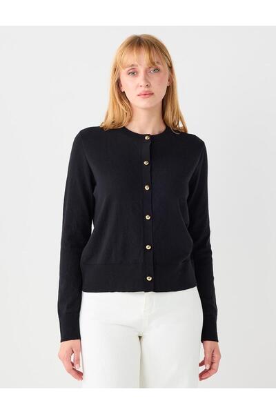 Jimmy Key Black Shiny Button Detailed Round Neck Knitwear Cardigan