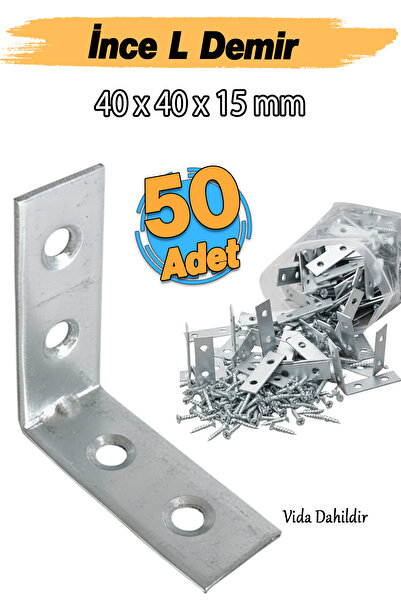 Badem10 40x40x15 mm İnce L Demiri (50 ADET) Metal Köşebent Gönye Mobilya Duvar Sabitleme Bağlantı Aparatı