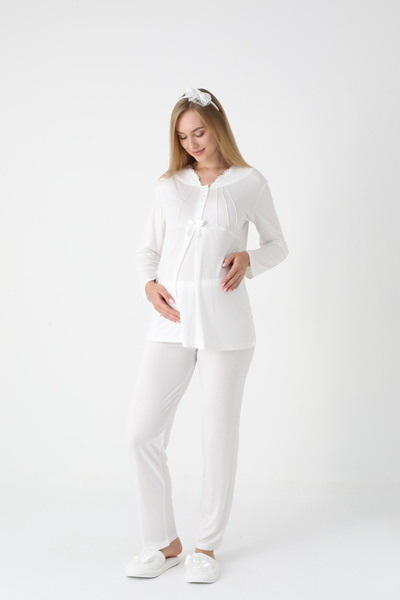 ERDENİZ TEKSTİL Striped Dressing Gown Maternity-Pregnant Pajama Set 3-Piece Set