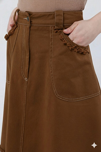 Atölye Güven Brown Tasseled 100% Cotton Special Design Long Bell Skirt