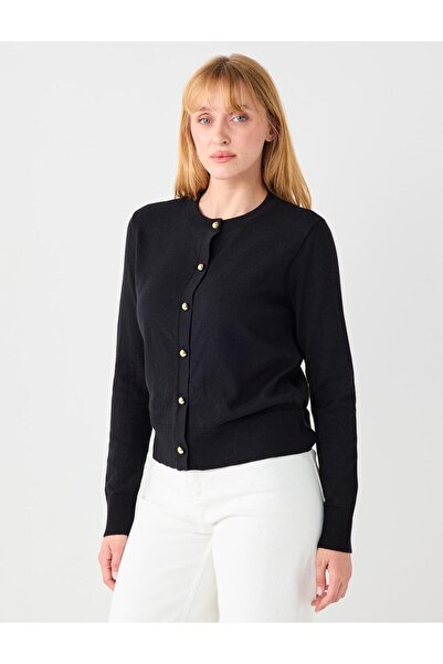 Jimmy Key Black Shiny Button Detailed Round Neck Knitwear Cardigan
