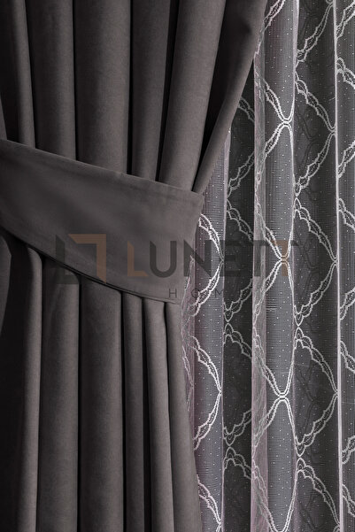LUNETT HOME Dark Gray Color Island Velvet Medium Plied (1X2.5) Plied Background Curtain Single Wing V9247