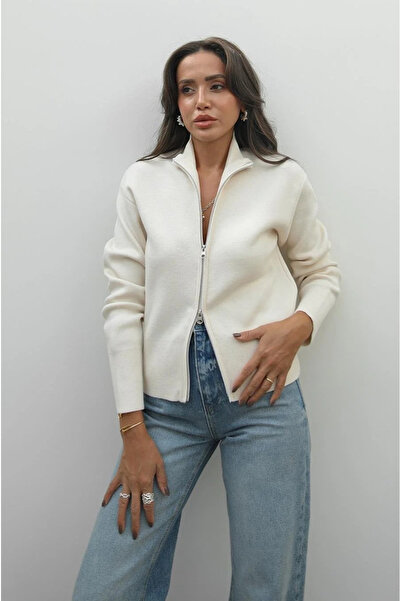 My Blog Cream Zippered Cardigan - 251042