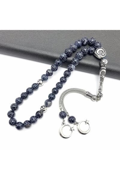 KANUNİ TESBİH سبحة من حجر العقيق الأبيض المخطط بقطع كروي وتفاصيل نجمة وقمر