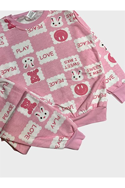 tusem butik homewear Girls' Cotton Fleece-Lined Pink Rabbit Patterned Long Sleeve Winter Pajamas Set