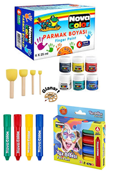 Glanart çocuklar için ponpon fırçalı parmak boya seti ve 4 lü yüz boyası (1 t...
