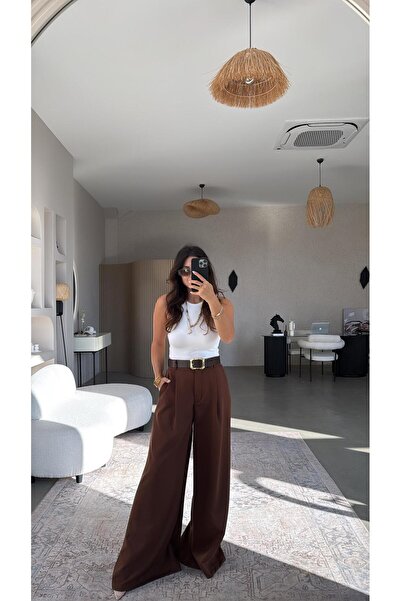 Buket Teke Brown Belted Loose Fabric Trousers