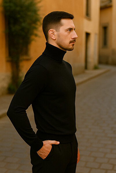 Maccali Men's Winter Trend Full Fisherman Black Turtleneck Sweater