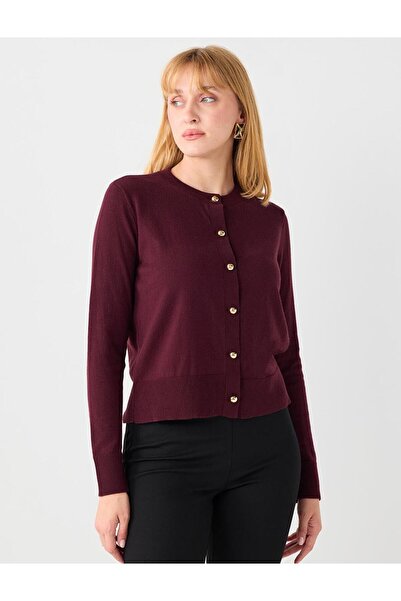 Jimmy Key Burgundy Shiny Button Detailed Round Neck Knitwear Cardigan
