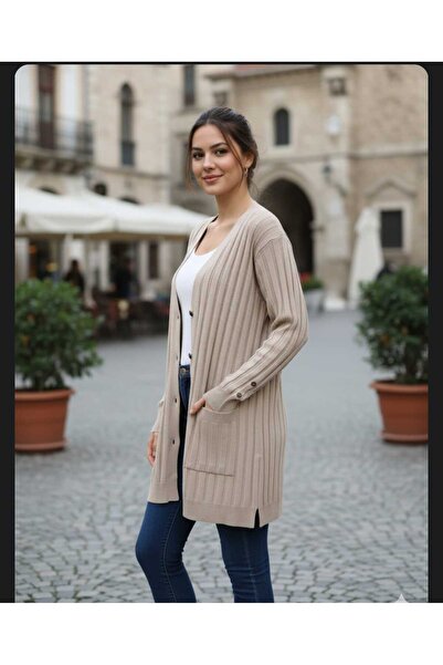 güncüoğlu Long Sleeve Pocketed Length 75cm Buttoned Cardigan