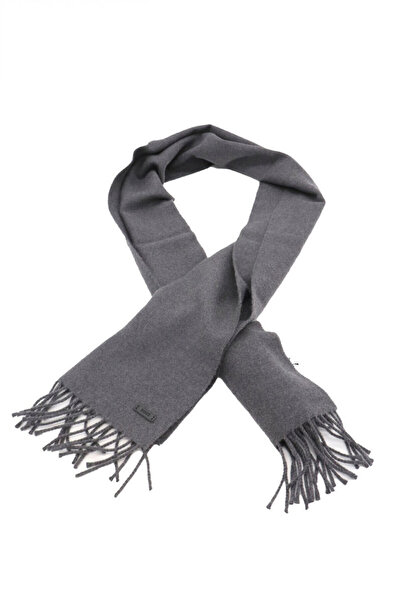 BOSS Men's Soft Wool Fabric Fringed Logo Patch Gray Shawl & Scarf & Foulard 50517218-030